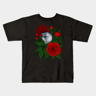 Bird on a red peony bouquet Kids T-Shirt